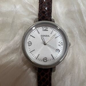Vintage Fossil Brown Leather Watch ES3184 with Silver Case and White Dial